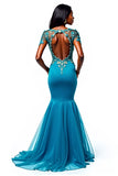 Blue Mermaid V-Neck Corset Appliqued Mother of the Bride Dress
