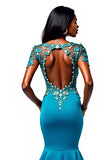 Blue Mermaid V-Neck Corset Appliqued Mother of the Bride Dress