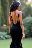 Gorgeous Black Mermaid Spaghetti Straps V-Neck Long Prom Dress