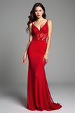 Red Mermaid Spaghetti Straps Appliqued Long Prom Dress