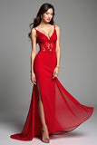 Red Mermaid Spaghetti Straps Appliqued Long Prom Dress