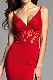 Red Mermaid Spaghetti Straps Appliqued Long Prom Dress