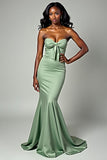 Dusty Sage Mermaid Strapless Sweetheart Long Prom Dress with Bow