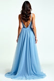 Light Blue Spaghetti Straps V Neck A Line Long Prom Dress with Slit