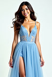 Light Blue Spaghetti Straps V Neck A Line Long Prom Dress with Slit