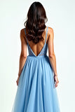 Light Blue Spaghetti Straps V Neck A Line Long Prom Dress with Slit