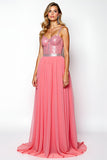 A Line Watermelon Spaghetti Straps Chiffon Backless Long Prom Dress