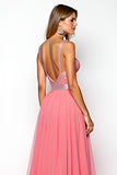 A Line Watermelon Spaghetti Straps Chiffon Backless Long Prom Dress