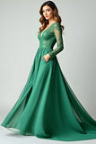 V-Neck Pine A Line Prom Dress with Lace Applique