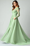 V-Neck Pine A Line Prom Dress with Lace Applique