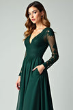V-Neck Pine A Line Prom Dress with Lace Applique