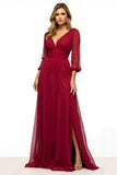 V Neck Burgundy A Line Long Mother of the Bride Dress with Slit