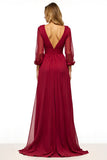 V Neck Burgundy A Line Long Mother of the Bride Dress with Slit