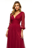 V Neck Burgundy A Line Long Mother of the Bride Dress with Slit
