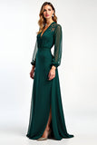 V-Neck Pine Long Sleeves Mother of the Bride Dress with Slit