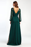 V-Neck Pine Long Sleeves Mother of the Bride Dress with Slit