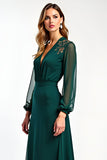 V-Neck Pine Long Sleeves Mother of the Bride Dress with Slit