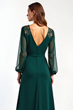 V-Neck Pine Long Sleeves Mother of the Bride Dress with Slit
