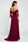 Off the Shoulder Burgundy Ruffled Mother of the Bride Dress with Flower