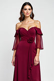Off the Shoulder Burgundy Ruffled Mother of the Bride Dress with Flower