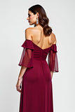 Off the Shoulder Burgundy Ruffled Mother of the Bride Dress with Flower