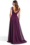 A Line Purple V Neck Sleeveless Long Mother of the Bride Dress