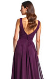 A Line Purple V Neck Sleeveless Long Mother of the Bride Dress