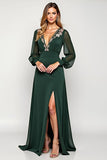Elegant A Line Pine V-Neck Long Mother of the Bride Dress with Slit