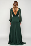 Elegant A Line Pine V-Neck Long Mother of the Bride Dress with Slit