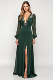 Elegant A Line Pine V-Neck Long Mother of the Bride Dress with Slit