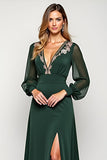 Elegant A Line Pine V-Neck Long Mother of the Bride Dress with Slit