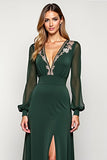 Elegant A Line Pine V-Neck Long Mother of the Bride Dress with Slit
