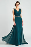 Peacock Chiffon V Neck Beaded Long Mother of the Bride Dress