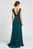 Peacock Chiffon V Neck Beaded Long Mother of the Bride Dress