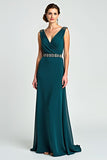 Peacock Chiffon V Neck Beaded Long Mother of the Bride Dress
