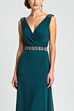 Peacock Chiffon V Neck Beaded Long Mother of the Bride Dress