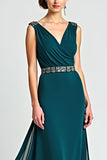 Peacock Chiffon V Neck Beaded Long Mother of the Bride Dress