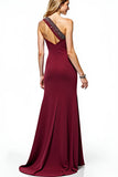 Burgundy One Shoulder Sheath Long Mother of the Bride Dress