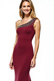 Burgundy One Shoulder Sheath Long Mother of the Bride Dress