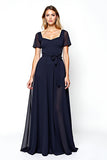 Navy Chiffon Square Neck A Line Mother of the Bride Dress with Sash