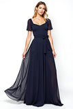 Navy Chiffon Square Neck A Line Mother of the Bride Dress with Sash