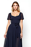 Navy Chiffon Square Neck A Line Mother of the Bride Dress with Sash