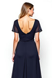 Navy Chiffon Square Neck A Line Mother of the Bride Dress with Sash