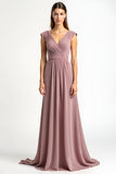 Dusty Rose Chiffon V-Neck Floor Length Mother of the Bride Dress