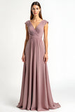 Dusty Rose Chiffon V-Neck Floor Length Mother of the Bride Dress