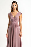 Dusty Rose Chiffon V-Neck Floor Length Mother of the Bride Dress