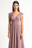 Dusty Rose Chiffon V-Neck Floor Length Mother of the Bride Dress
