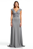 Sliver Chiffon V-Neck Long A Line Mother of the Bride Dress