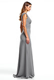Sliver Chiffon V-Neck Long A Line Mother of the Bride Dress