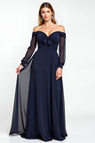 Navy Off the Shoulder Long Sleeves Chiffon A Line Mother of the Bride Dress